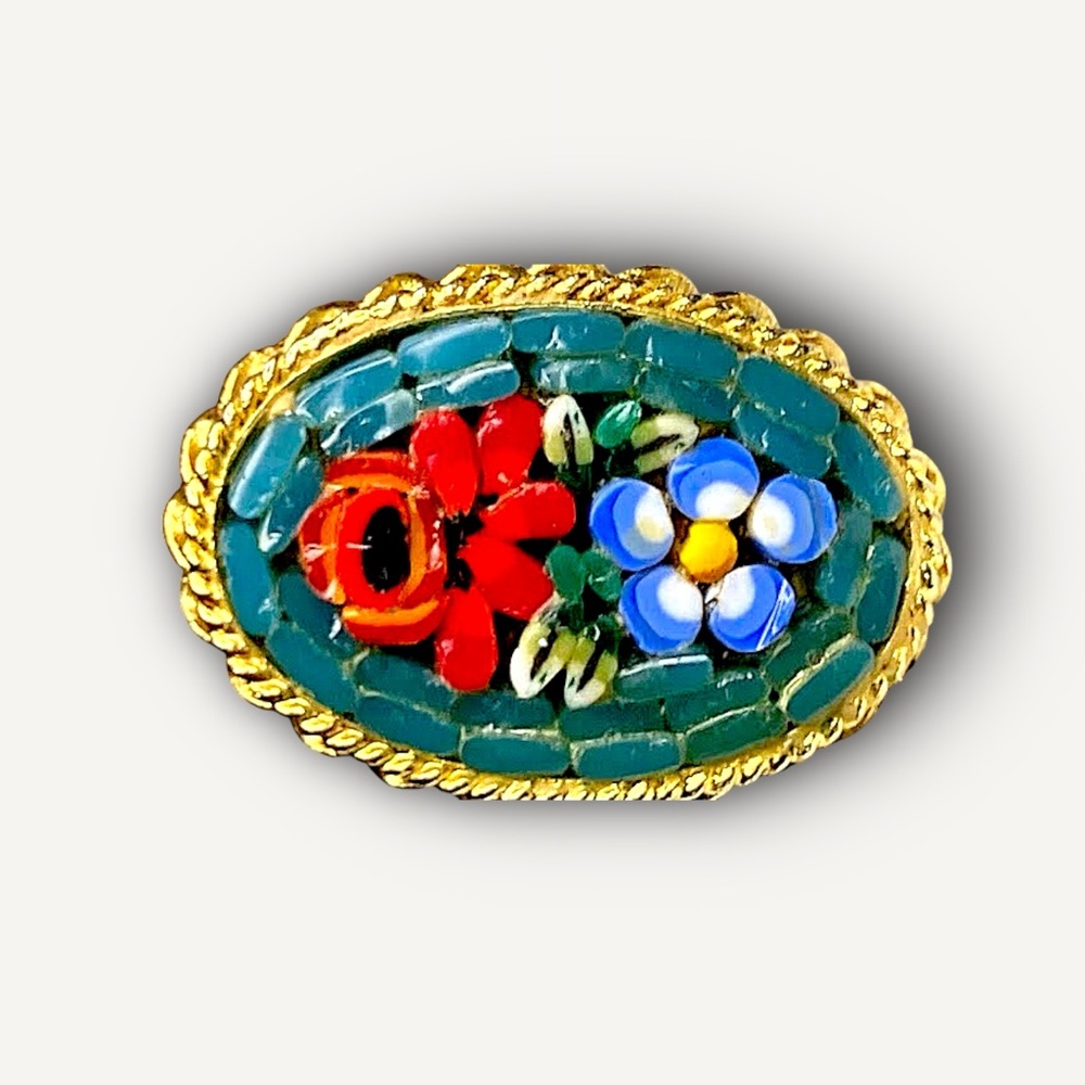 Italian Micro Mosaic Brooch Colorful Glass Gold Tone Oval Pin Back Stamped Italy
